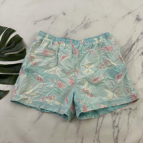 J.Crew Mens Vintage Oarsman Label Swim Trunks Size M Blue Red Fish Print 90s - Picture 1 of 10